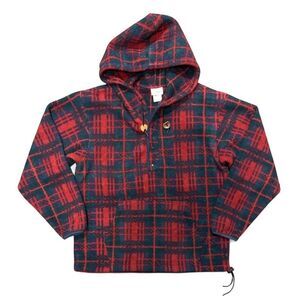 Vintage L.L. Bean Hoodie Womens Medium Red Blue Plaid Fleece Anorak Made USA 90s